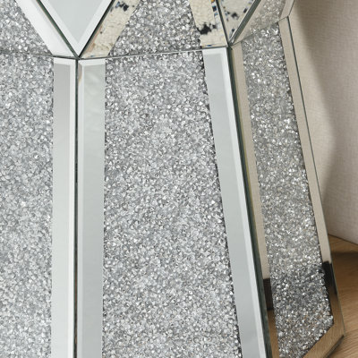 Table basse de style tambour avec incrustation de cristal miroir, table décorative argentée