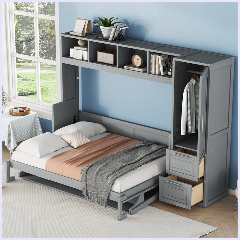 Lit escamotable moderne avec placard et tiroirs, Gris, Complète