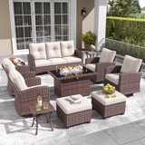 Lark Manor™ 10 Pieces Patio Furniture Set with Swivel Chairs, Rattan Wicker Rocking Glide Chairs with 44" Propane Gas Fire Pit Table Conversation Set
