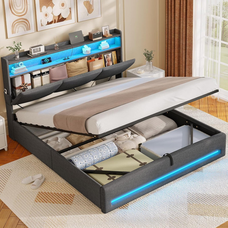 Bed with Hydraulic Storage and Charging Station Upholstered Storage Headboard, Space-saving, Dark Grey, Double (4'6)