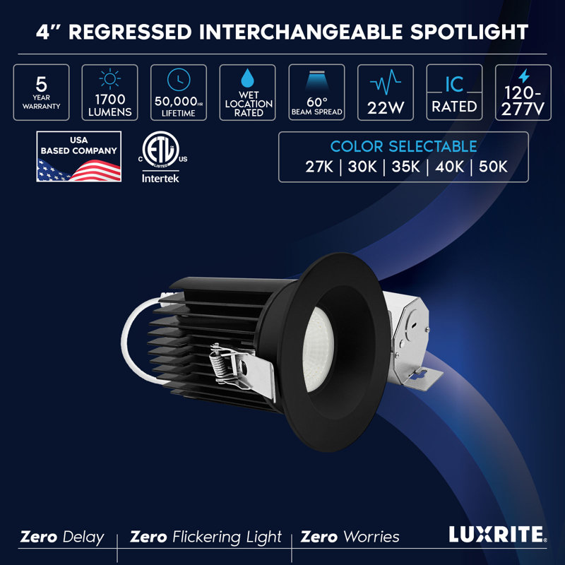 Luminaire encastré à DEL DEL 4 po LUXRITE, 5 lumières sans lumière, 60º, 22W, 1700LM, garniture ronde noire interchangeable, gradable, humide et homologué IC