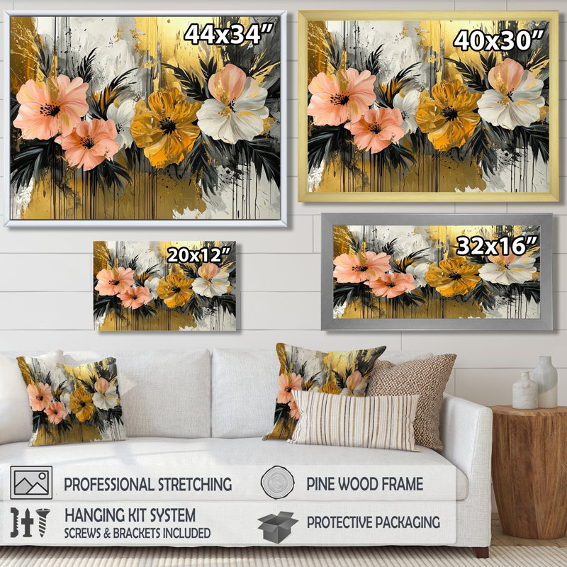 Morann Golden Hibisuc In A Tropical Symphony I - art mural hibiscus, H 30 po x l 40 po, Picture Framed Print, Doré