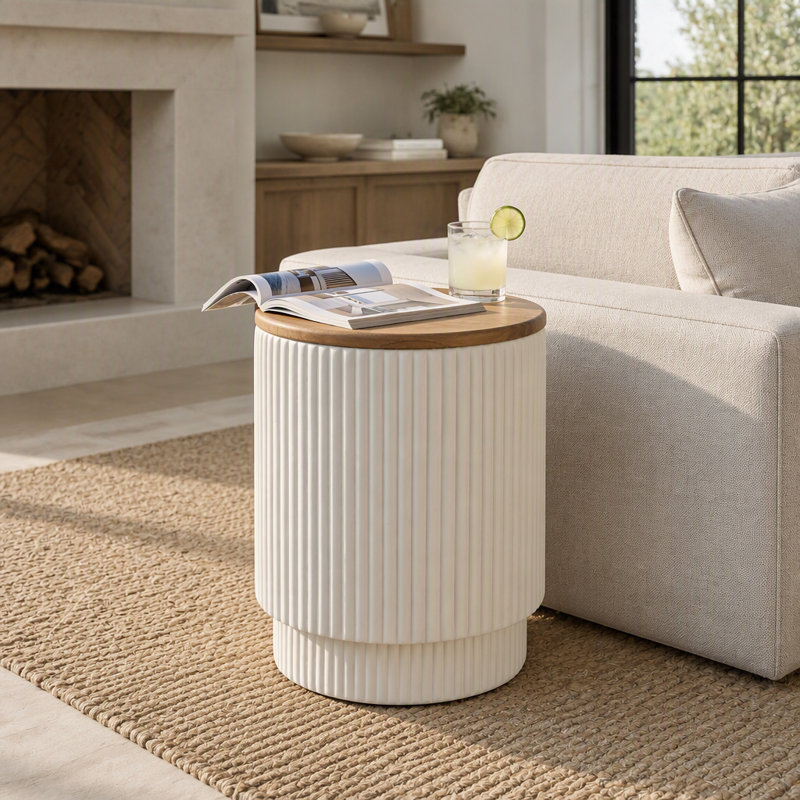 Table d'appoint de rangement d'extérieur durable en bois d'acacia et MGO avec système de positionnement intérieur et supérieur spacieux