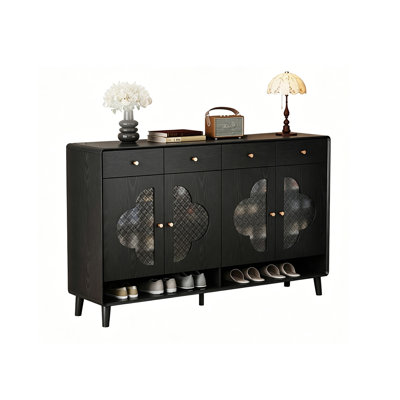 Meuble à chaussures d'entrée de style Mid-Century noir de 62,6 pouces avec panneaux en bois massif recouverts de mélamine et portes en verre trempé gaufré