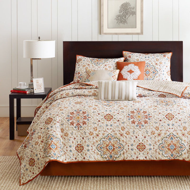 Ivory and Orange Reversible Microfiber Full Quilt Set