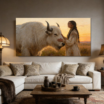  Art indien sur toile Native American White Buffalo, affiche de peinture du patrimoine indien, impressions sur toile, image encadrée pour salon, chambre à coucher, bureau, décor à la maison prêt à être accroché, 20 po x 40 po