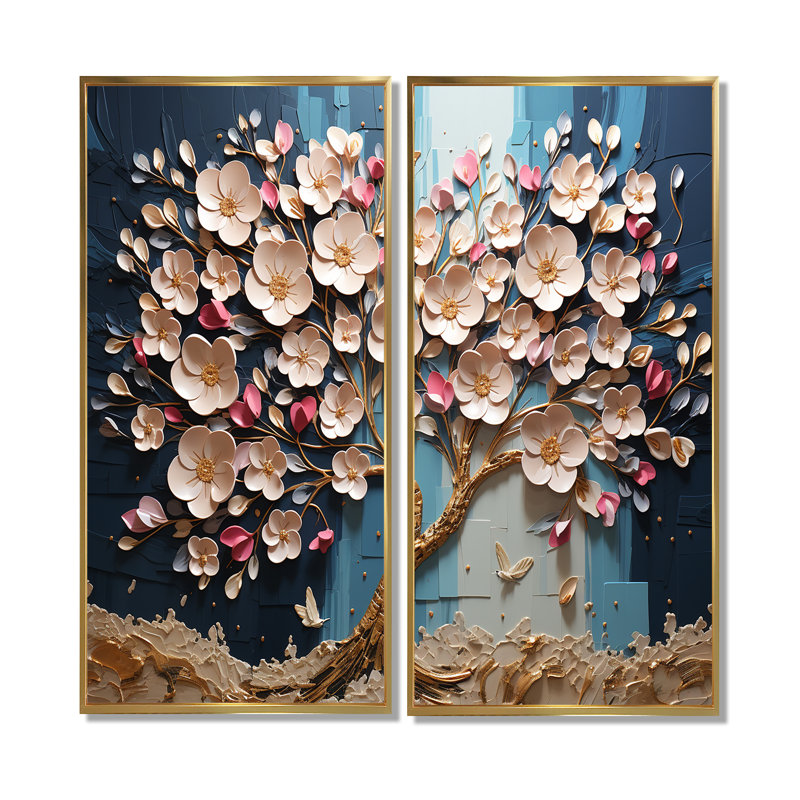 Orchidée bleue et blanche jardin de branches I - décoration murale or, H 20 po x l 24 po, Doré