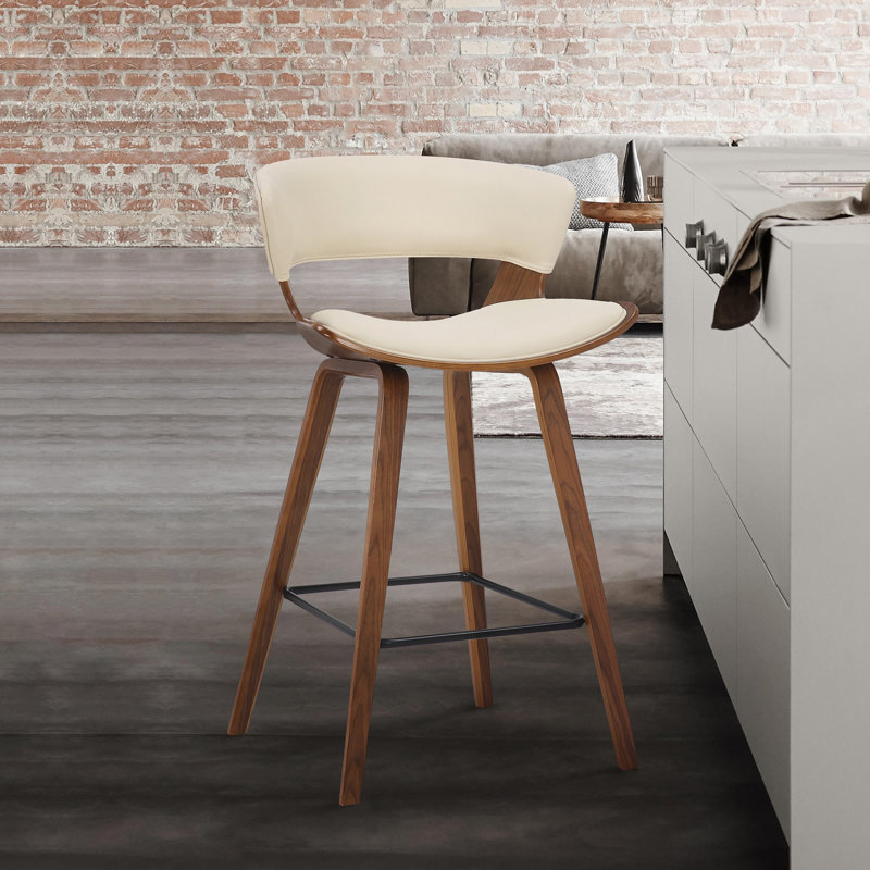 Allon Modern 26" Counter Height Bar Stool with Open Back and Footrest in Wood, Faux Leather, Cream, Walnut