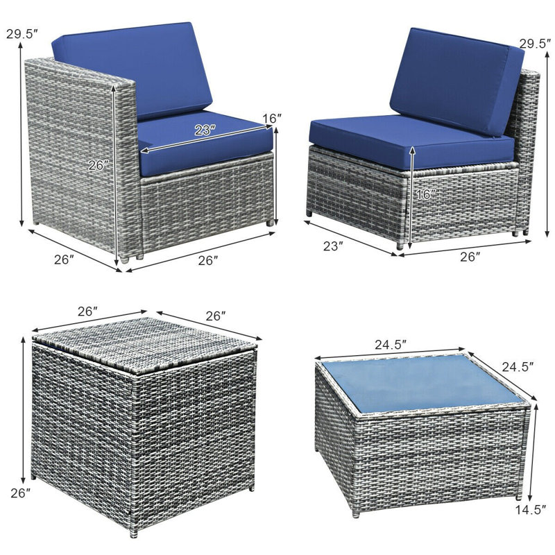 Ensemble de conversation modulaire en rotin avec coussins 8 pièces Burand, Navy