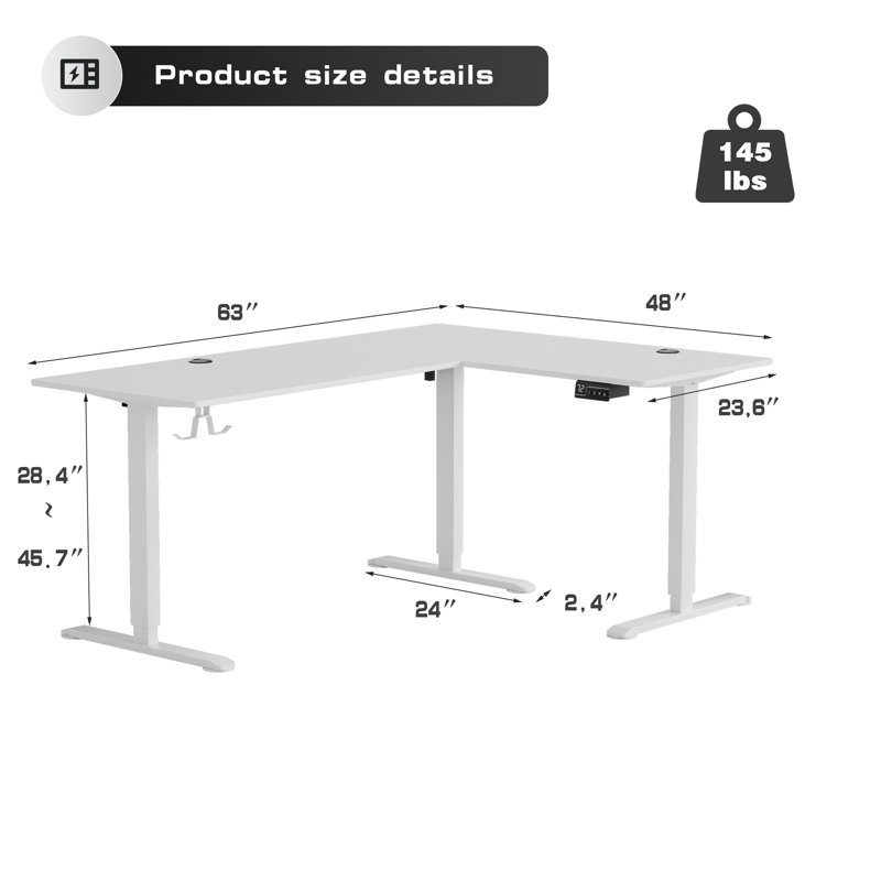63" L Shaped Home Office Height Adjustable Electric Standing Desk, 45.7" H x 63" W x 48" D, White