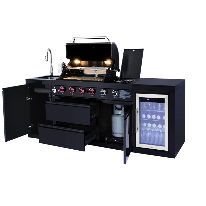 Barbecue de cuisine noir à 4 brûleurs 72000 avec réfrigérateur à une porte, évier / robinet et jauge de température à double paroi pour une gestion précise de la chaleur