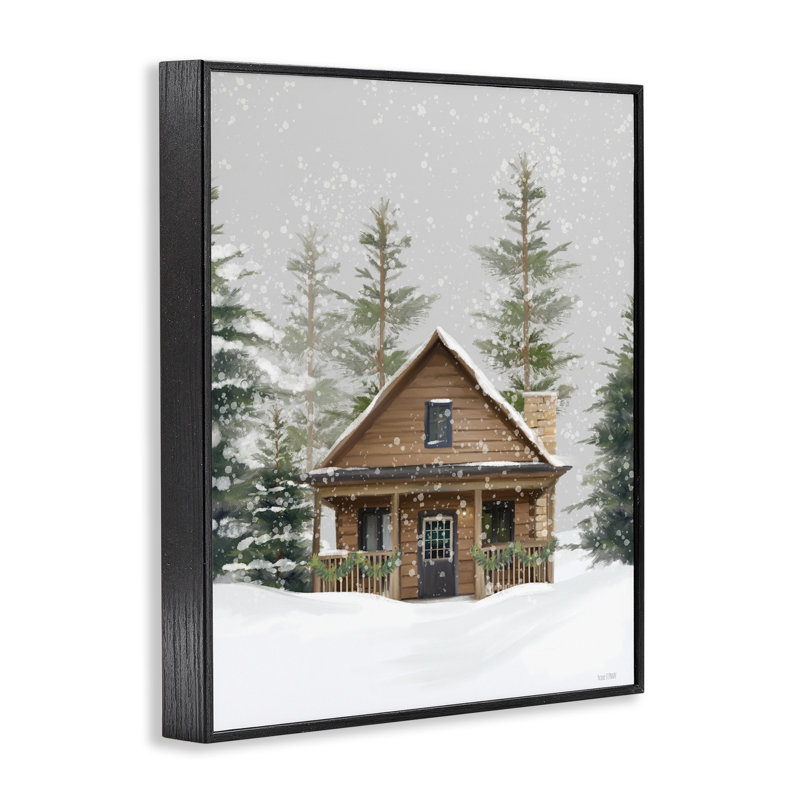 Cozy Snowy Forest Cabin, giclée encadrée, design par House Fenway, H 14 po x l 11 po, Giclée encadrée noir minuit