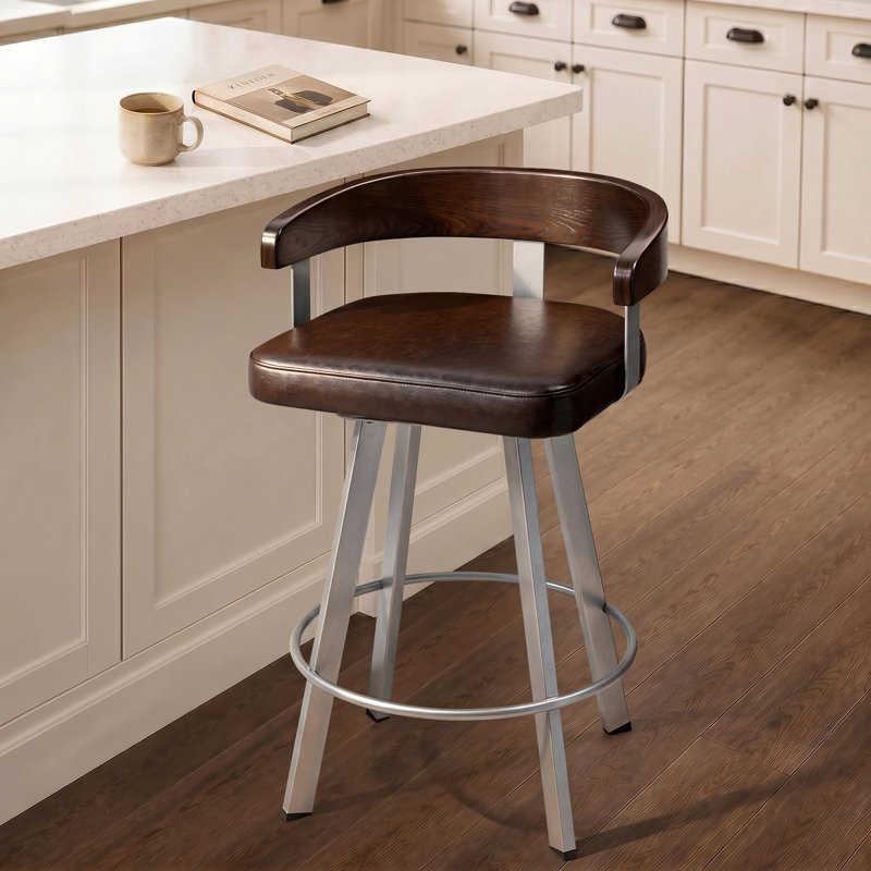 Tabouret tournant 29,5 "avec dossier en bois massif et siège rembourré, Argent, Siège brun