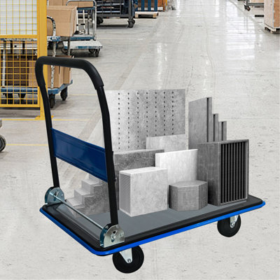 Flatbed Cart, 660lbs Heavy Duty Capacity Platform Hand Truck 360 Degree Swivel Wheels Foldable Push Hand Cart for Loading and Storage, Warehouse-Blue