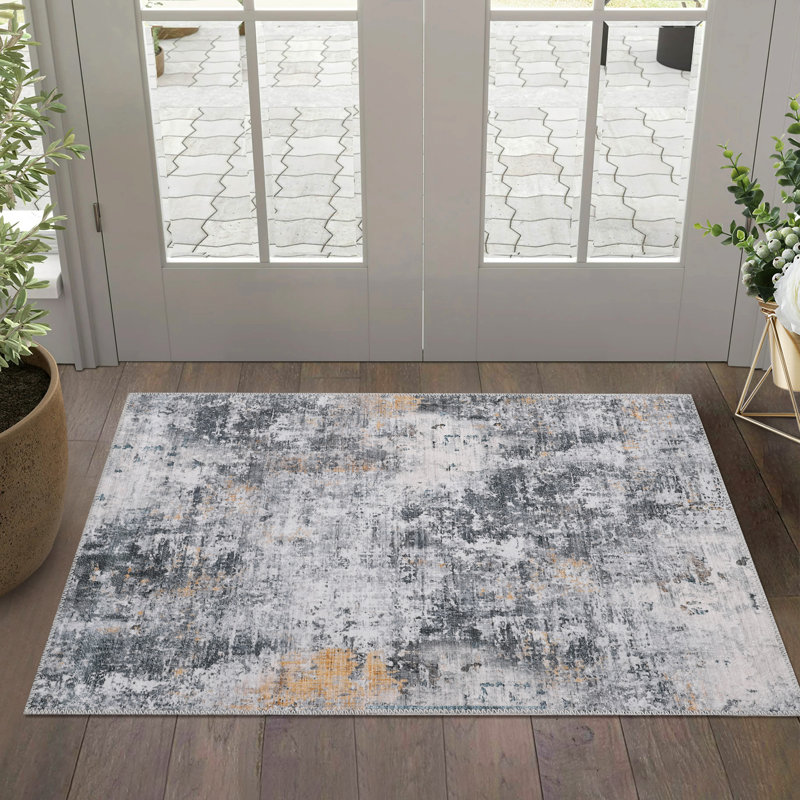 2'x3' Modern Abstract Washable Rug, Soft Non-Slip Low-Pile Non-Shedding Mat for Entryway, Gray-Yellow, Rectangle 2' x 3'