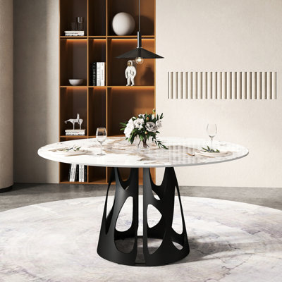 Table de salle à manger pour 6 à 8 personnes 59,36 po, plateau en pierre frittée blanche et base en fer noir, aspect contemporain, facile à entretenir,