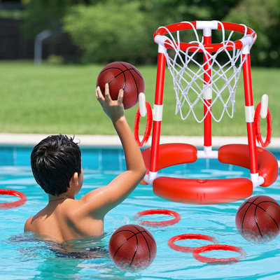 Pool Basketball Hoop,Floating Pool Toys Ring Game With Ring Toss, Balls And Pump, 2-In-1 Summer Outdoor Swimming Pool Basketball Games Play Toy Family Party For Kids Adults, Red