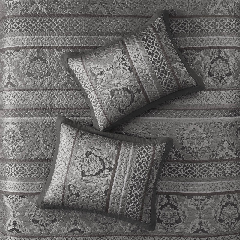 Ensemble de literie de luxe 5 pièces, jacquard réversible, grand lit, décor gris moderne