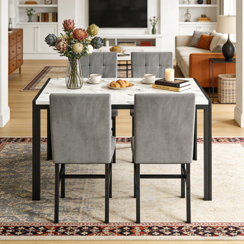 5-Piece Dining Table Set For 4, Modern Faux Marble Dinner Table With 4 Upholstered Plaid Chairs, Modern Kitchen Table And Chairs Set For Small Space, Dining Room, Dinette
