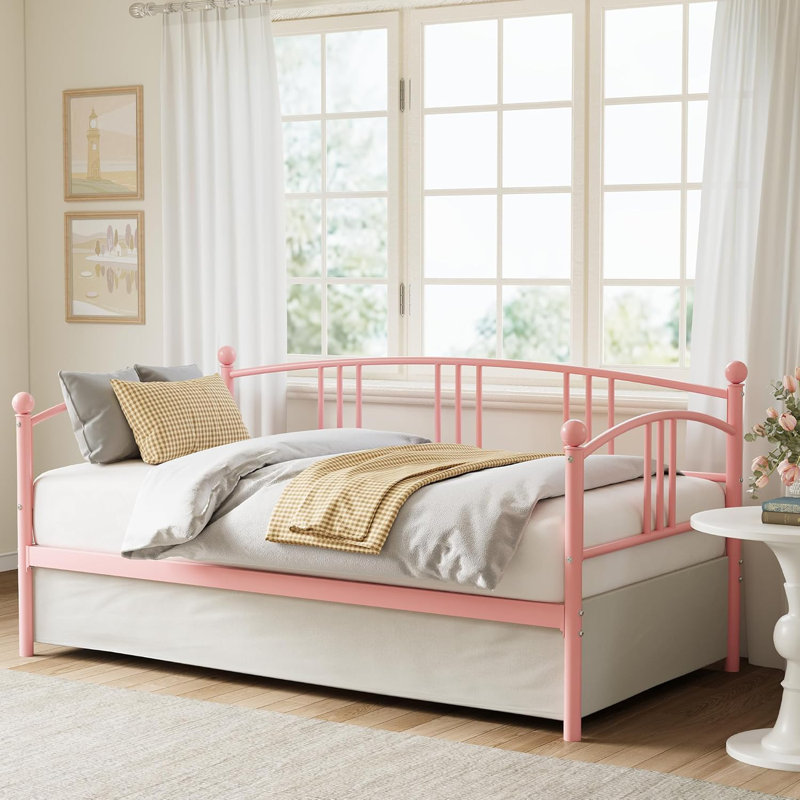 Twin Daybed, Sturdy Metal Day Bed with Steel Slat Support, Arched Headboard Sofa Bed, Pink