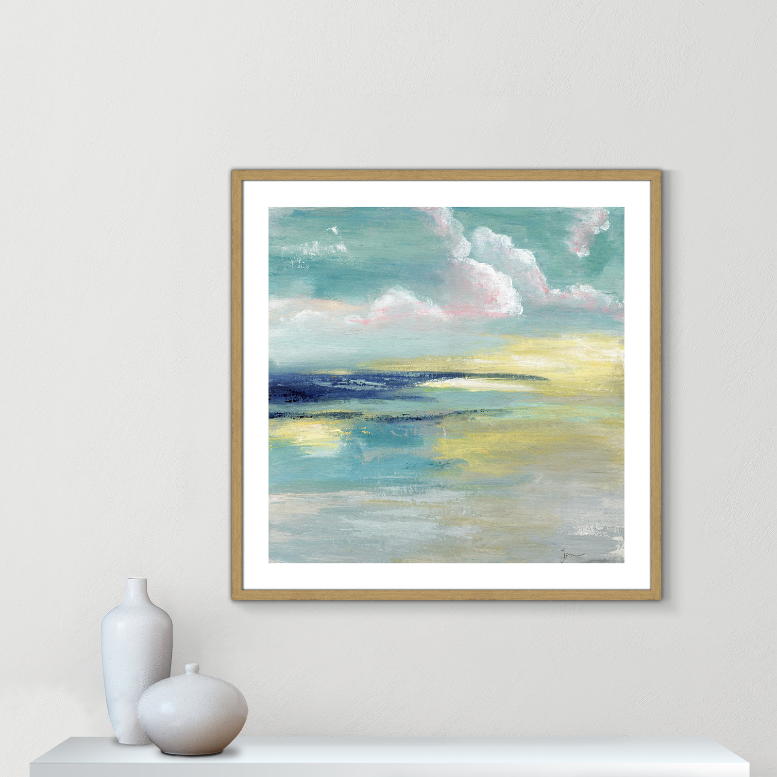 Bertie "Ocean View" Painting by Tava Studios, 33.25" H x 33.25" W x 0.75" D, Beige Wood Framed Paper
