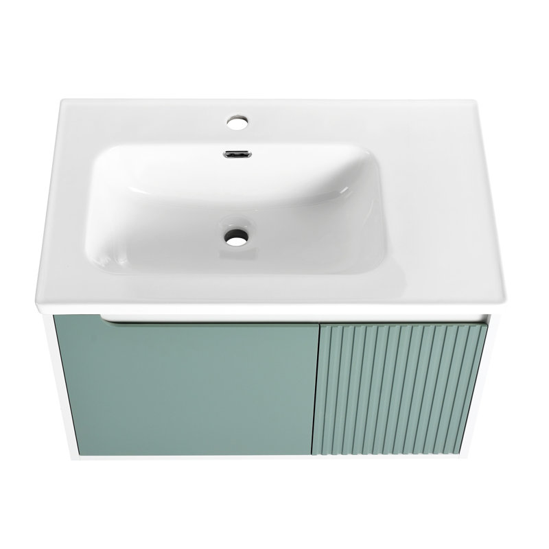 Mint Green Plywood Floating Single Sink Vanity with White Ceramic Top