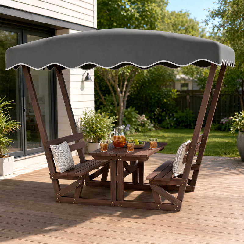 Ensemble de table de pique-nique et de banc d'extérieur en bois massif imperméable avec auvent amovible, ensemble de salle à manger rectangulaire en bois toutes saisons pour patio, jardin, terrasse, parc et plage
