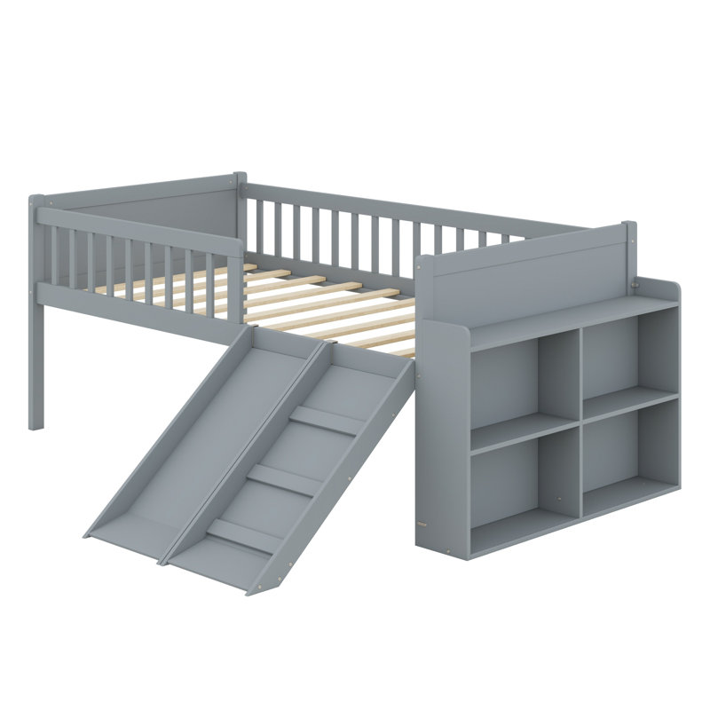 Structure de lit avec tablette de rangement, glissoire, échelle et garde-corps de protection, Gris