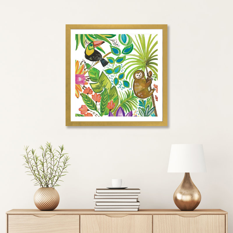 Art tropical encadré, H 24 po x l 24 po x P 1 po, Papier beaux-arts encadré doré