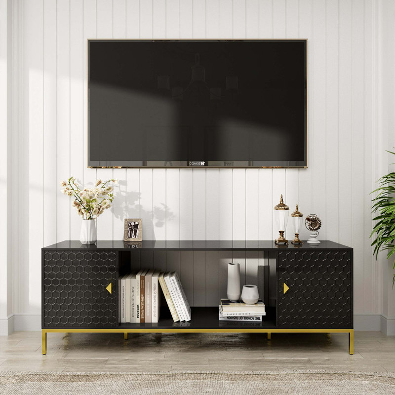 Meuble télé 70 po, meuble multimédia en bois robuste avec rangement et tablettes ouvertes pour le salon, design moderne (noir)