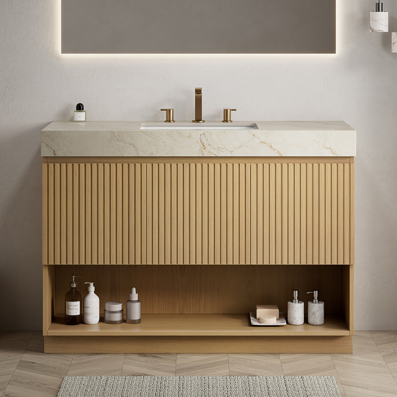 Meuble-lavabo simple sur pied de 122 cm avec comptoir en pierre frittée de Carrare et lavabo encastré en céramique, 48"