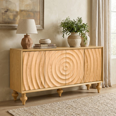 4-Door Storage Sideboard Cabinet with 3D Carved Veneer Fronts, Push-to-Open Soft-Close Hinges, Adjustable Shelves