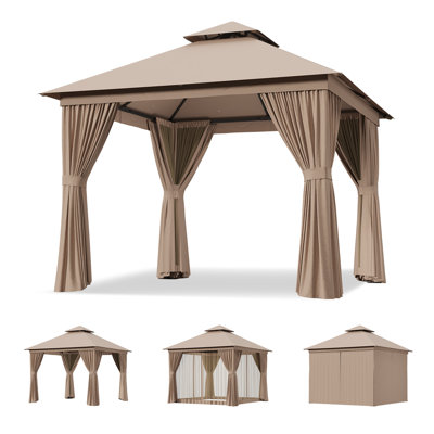 10'x10' Outdoor Gazebo with Curtain & Mosquito Netting, Beige, Heavy-Duty Party Tent with Double Roof, Patio Tent with Zipper Screens Backyard Garden Lawn Shelter