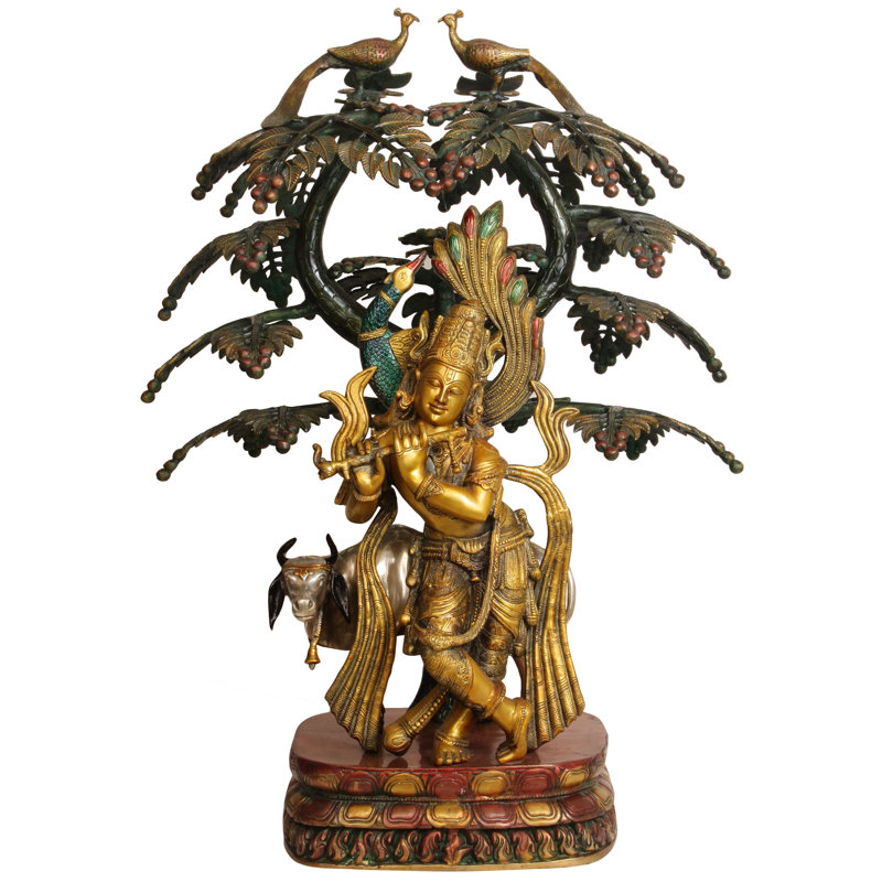 33 po Krishna paon sous un arbre en fleurs avec vache, sculpture en laiton - statue de scène indienne Vrindavan fabriquée à la main pour le salon, le jardin et la décoration spirituelle