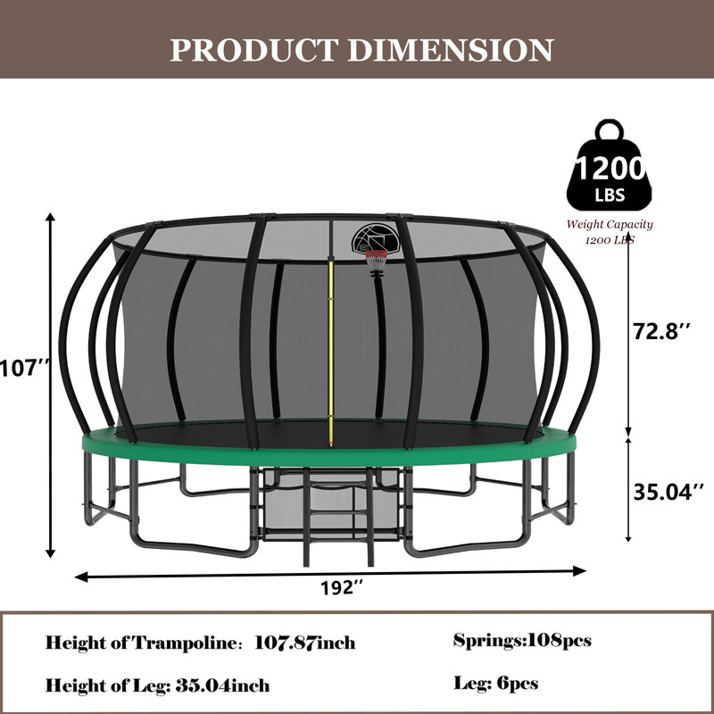 Trampoline d'extérieur 16 pi 16 po pour enfants et adultes antirouille, Vert