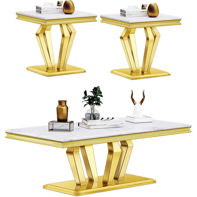 3 Piece Living Room Table Set, White, Gold