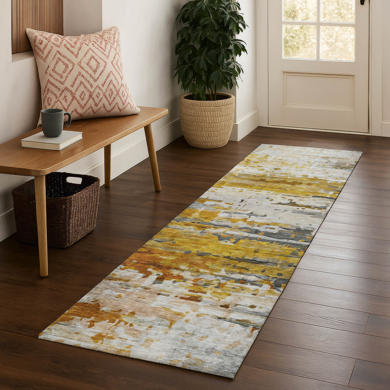 Tapis abstrait lavable à la machine de qualité supérieure Mayfield AMF2034, Cuivre, Tapis de couloir 2 pi 3 po x 7 pi 6 po