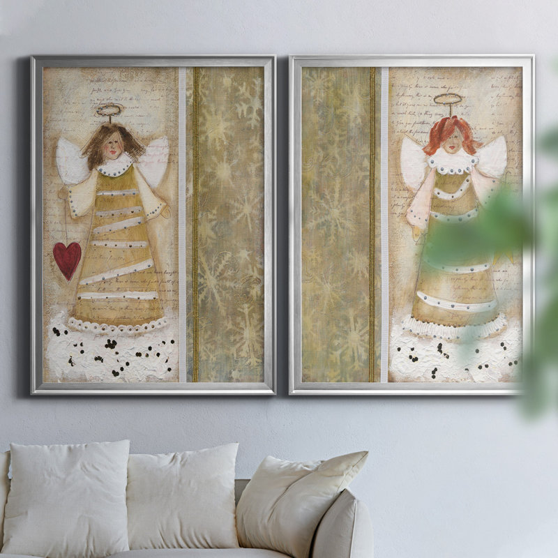 «Cloud Angel with Heart», ensemble de 2 peintures, H 22,5 po x l 61 po x P 1,5 po, Toile encadrée argentée, Pas de tapis