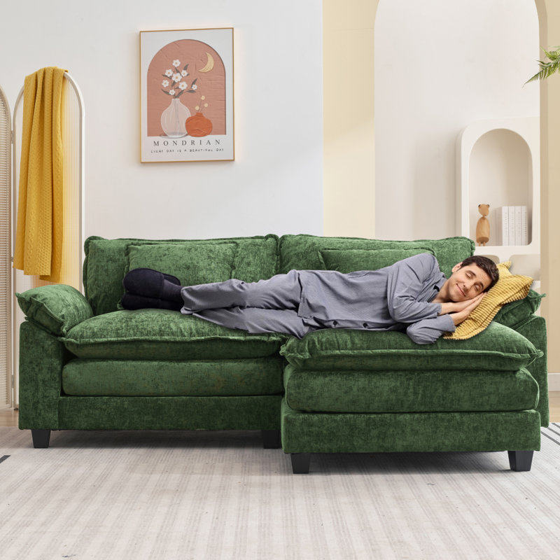 Arale 86'' Wide Comfy Cloud Couch Sectional Loveseat Sofa With Ottoman, Green Chenille