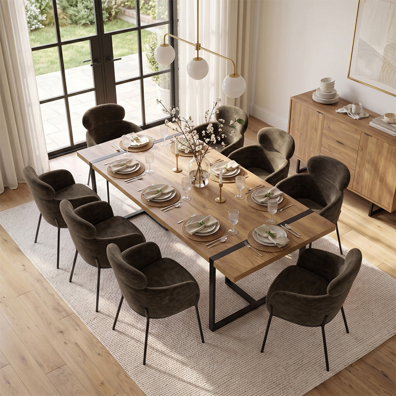 Ensemble de table de salle à manger rectangulaire 79 po avec 8 fauteuils à dossier double rembourrés 79 po, Brun