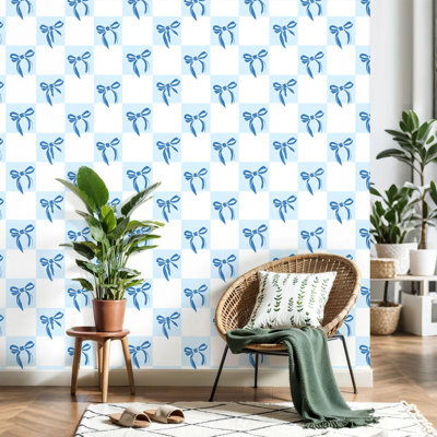 Peel and Stick Wallpaper Coquette aesthetic seamless blue ribbon bow checkered white Trendy Contact Paper Removable Self Adhesive Wall Mural Wall Decor for Bedroom Kitchen Cabinets 17.7in x 118in