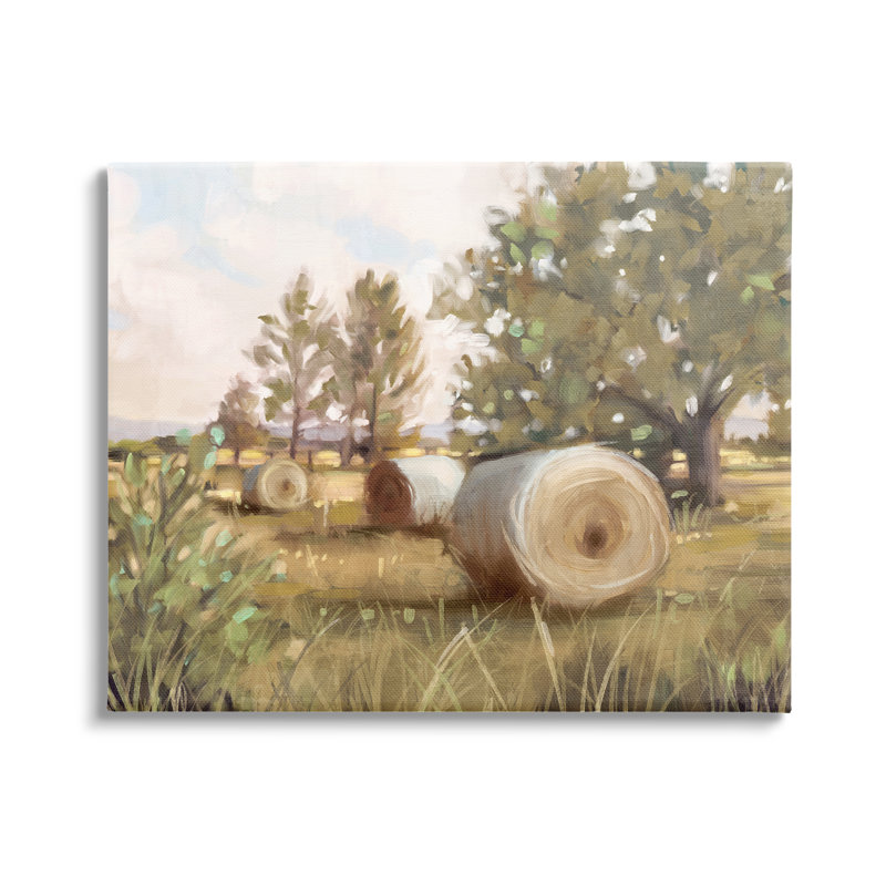 «Au-731», toile, Paysage de ferme à balles de foin sur toile par Nina, peinture bleue, H 36 po x l 48 po x P 1,5 po