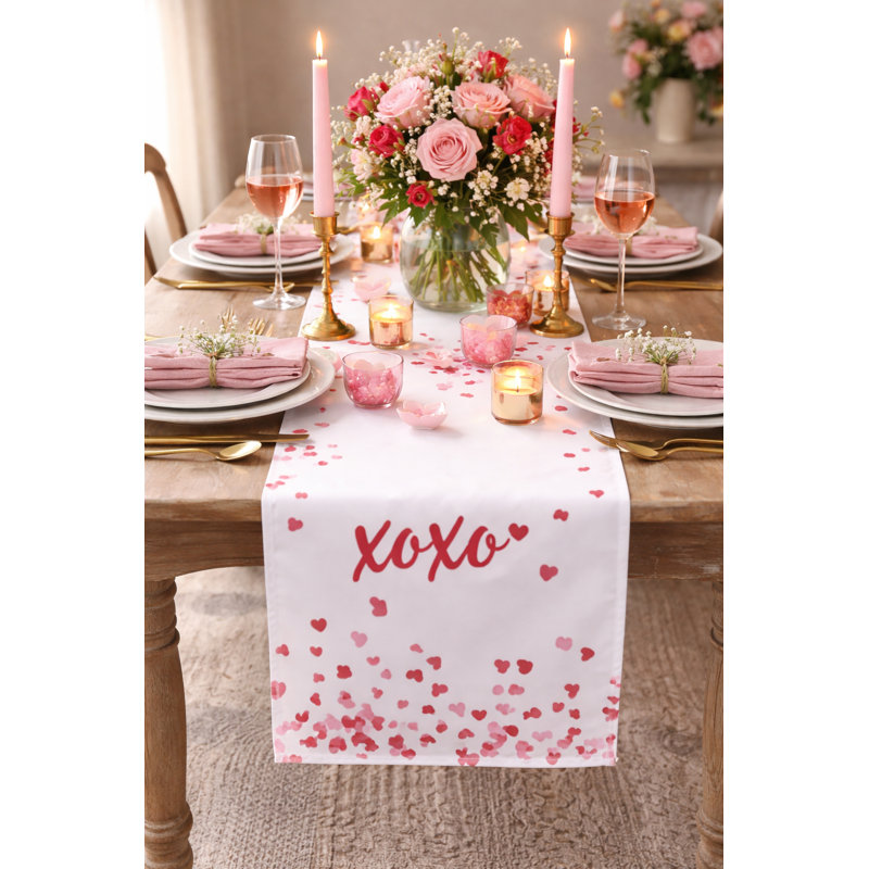 Embroidered Xoxo Romantic Heart Design Valentine’s Day Table Runner 16” X 72”