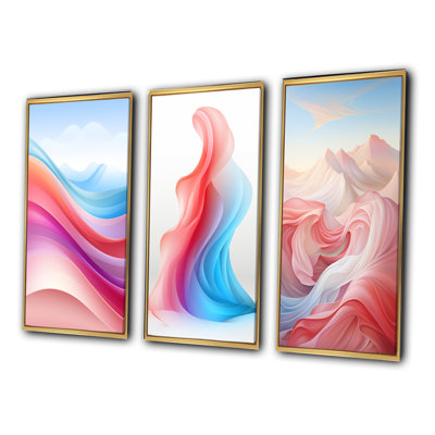 Blue And Light Pink Abstract Waves - Abstract Shapes Art Set Of 3 Pieces