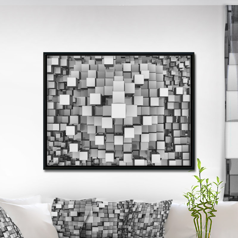 Art mural en métal noir et gris , H 30 po x l 40 po x P 1,5 po, Toile avec cadre flottant noir