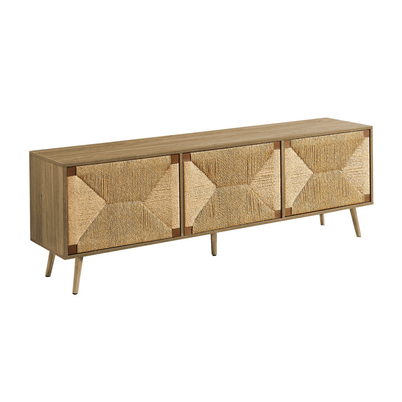 Tv Stand, 72 Inch, Media Entertainment Center, Storage Cabinet, Console, Walnut Laminate, Natural Seagrass, Mid Century, Modern