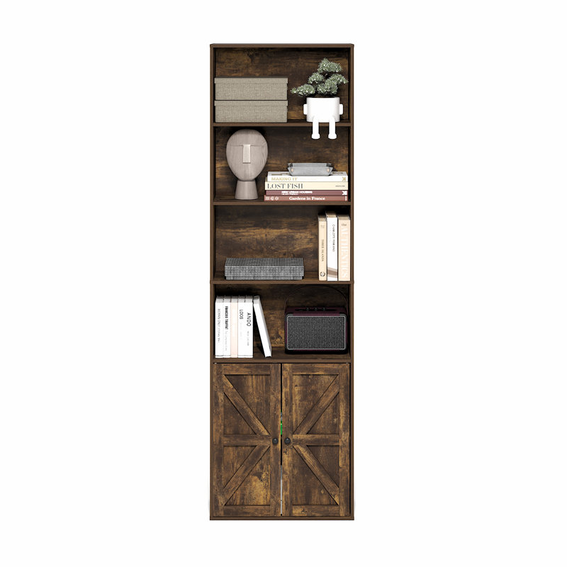 Jensen Farmhouse 6-Shelf Display Bookcase, Bookshelf with Doors, Amber Pine
