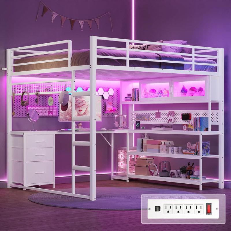 Lit mezzanine simple avec bureau de jeu en L, huche et tiroirs de rangement et station de charge, structure de lit mezzanine en métal avec lumières RVB