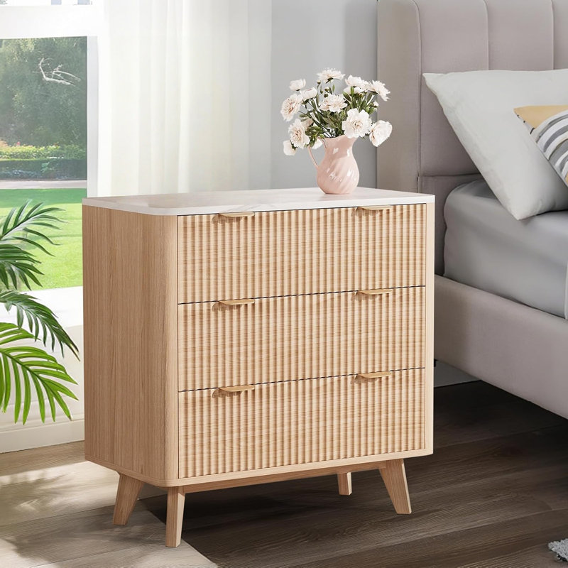 Nightstand Modern 3 Drawer Bedside Table with Faux Marble Top, Wood Chest of Bedside Table with Curved Profile, End Table for Bedroom, Living Room, Hallway, Entryway