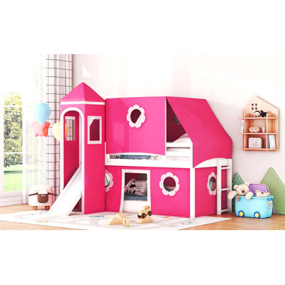 Twin Size Loft Bed with Slide Pink Tent and Tower